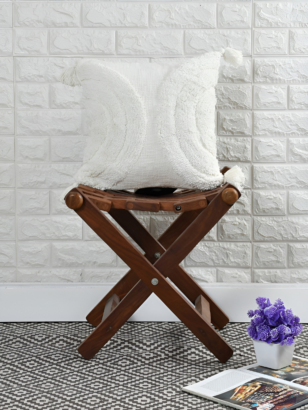 HOMADORN White Cotton Square Cushion Cover With Tassels