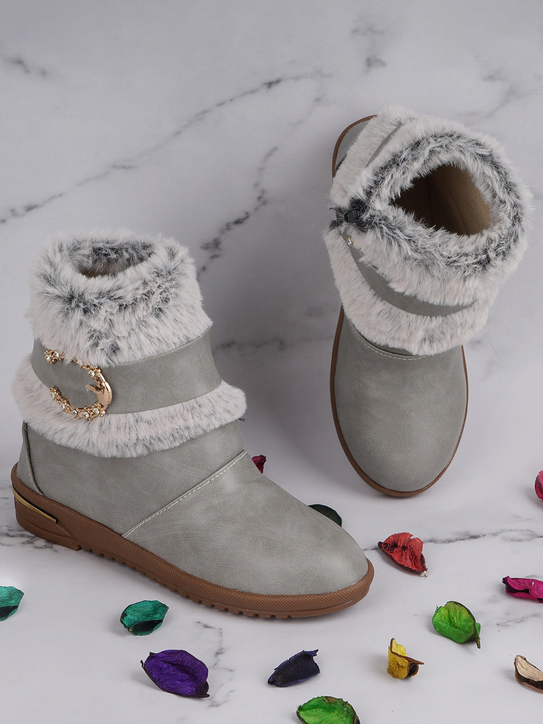BAESD Girls Buckle Embellished Faux Fur Trim Mid-Top Winter Boots