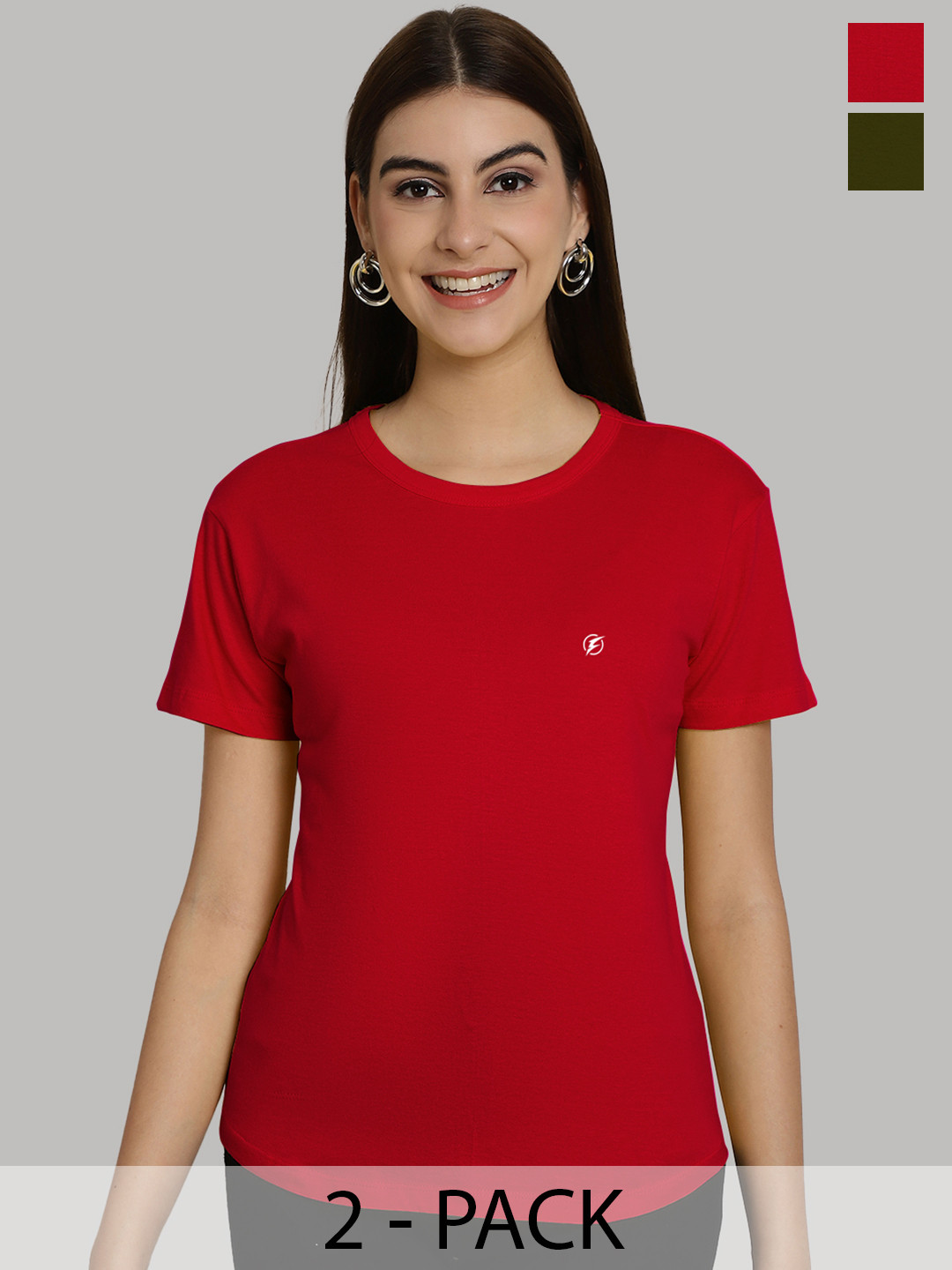 Friskers Women Red & Olive Green 2 Slim Fit T-shirt