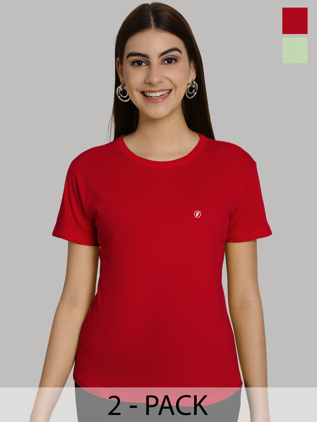Friskers Women Red & Sea Green 2 Slim Fit T-shirt