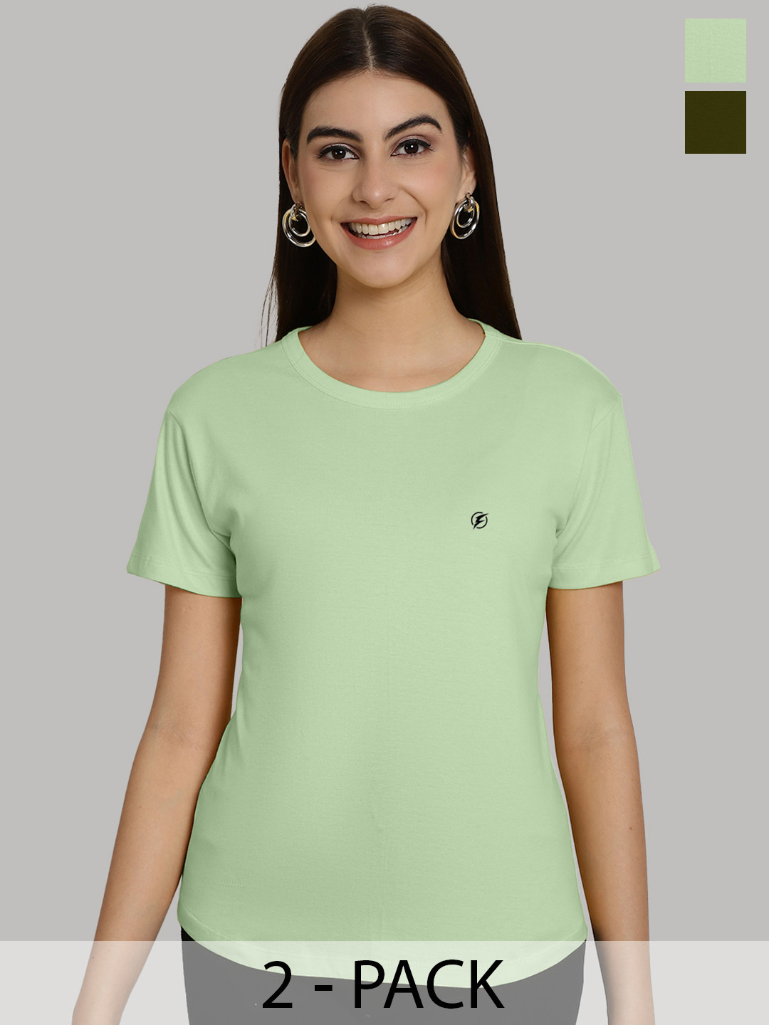 Friskers Women Sea Green & Olive Green 2 Slim Fit T-shirt