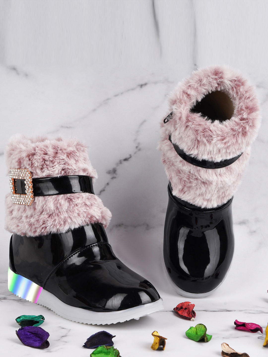 BAESD Girls Buckle Embellished LED Light Detail Faux Fur Trim Mid-Top Winter Boots