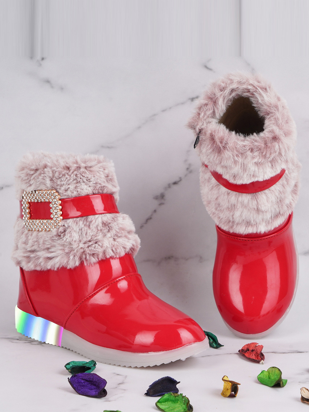 BAESD Girls Buckle Embellished LED Light Detail Faux Fur Trim Mid-Top Winter Boots