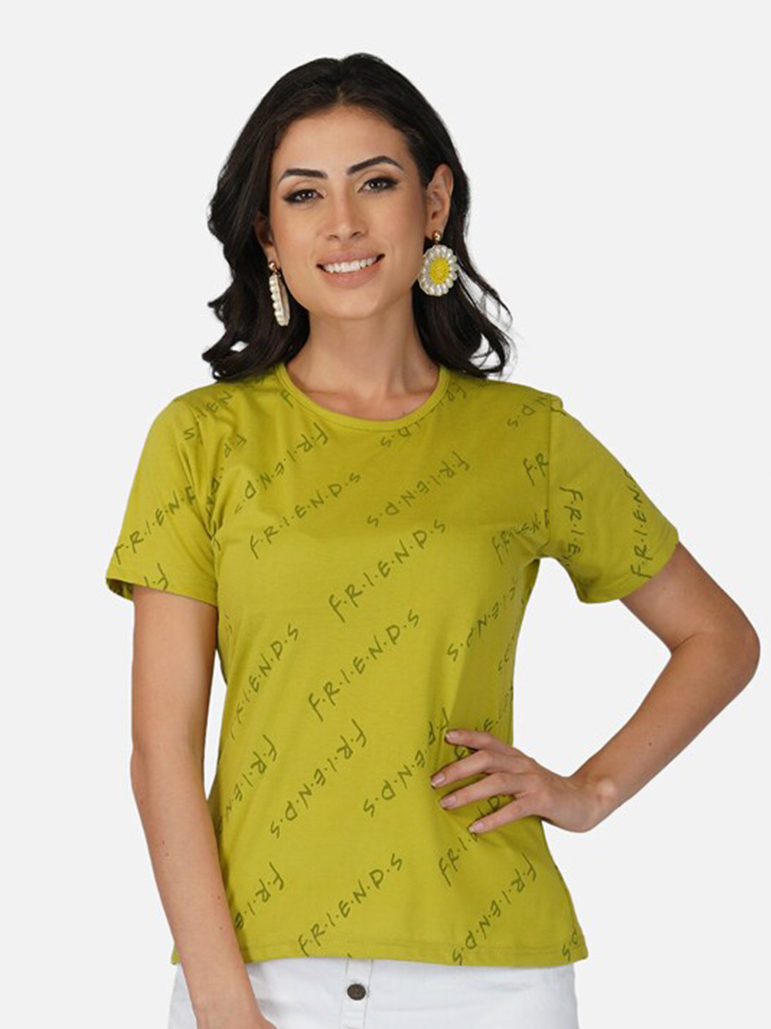 Lime Green Friends Typography Regular Fit Cotton T-shirt