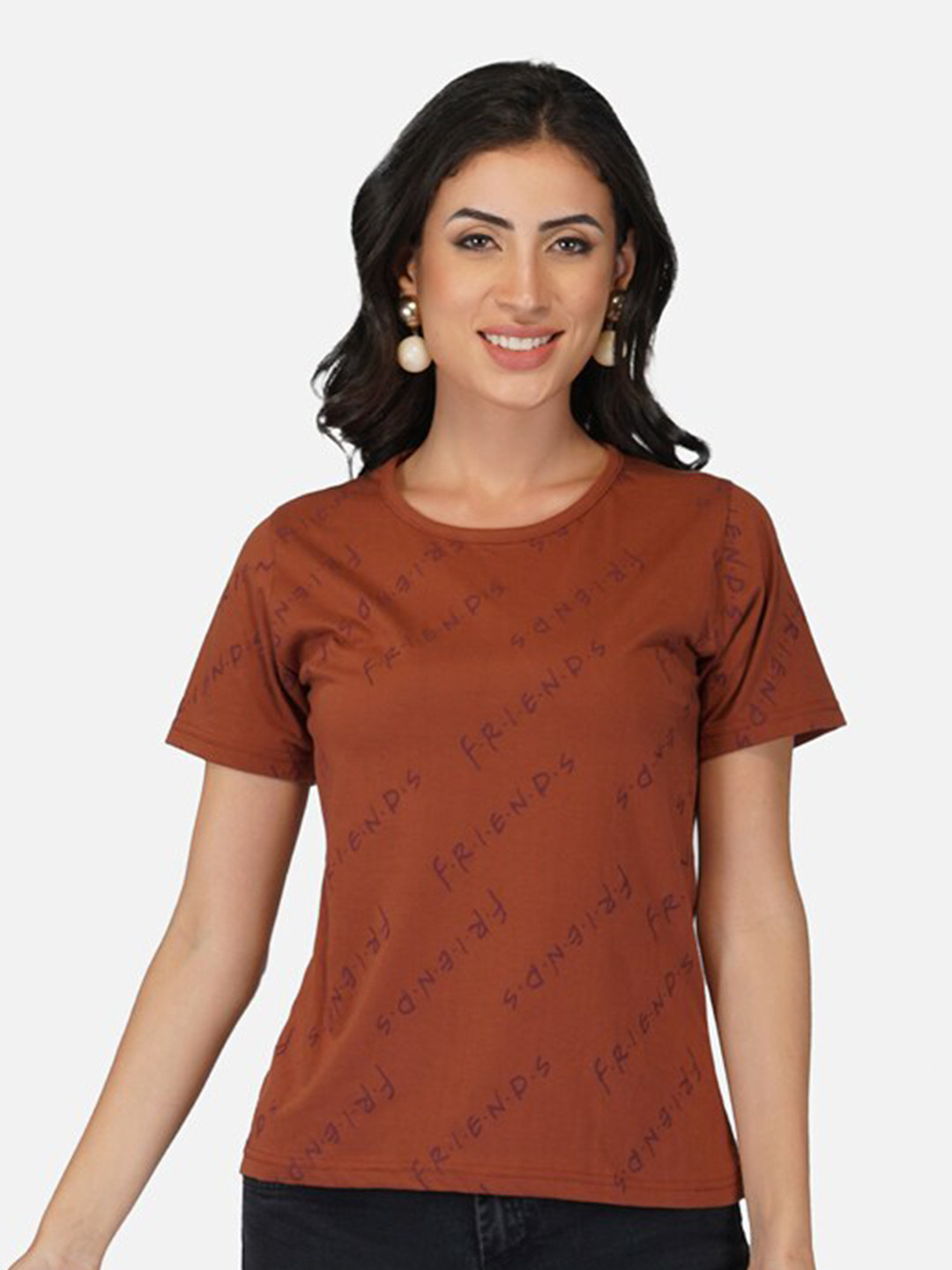 Brown Typography Printed Regular Fit Cotton T-shirt