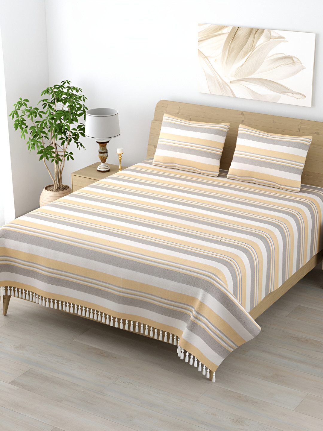 Homez Sparrow Kerala Yellow Striped Cotton 210 TC King Fine Bedsheet with 2 Pillow Covers-98 x 87 inches