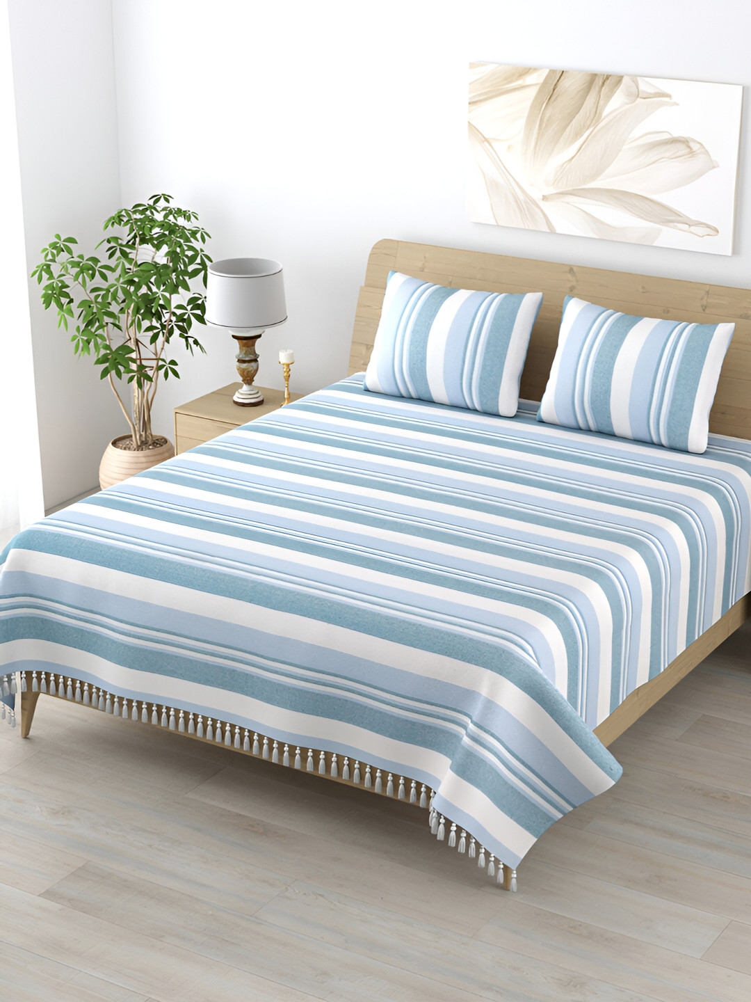 Homez Sparrow Kerala Blue Striped Cotton 210 TC King Fine Bedsheet with 2 Pillow Covers-87 x 98 inches