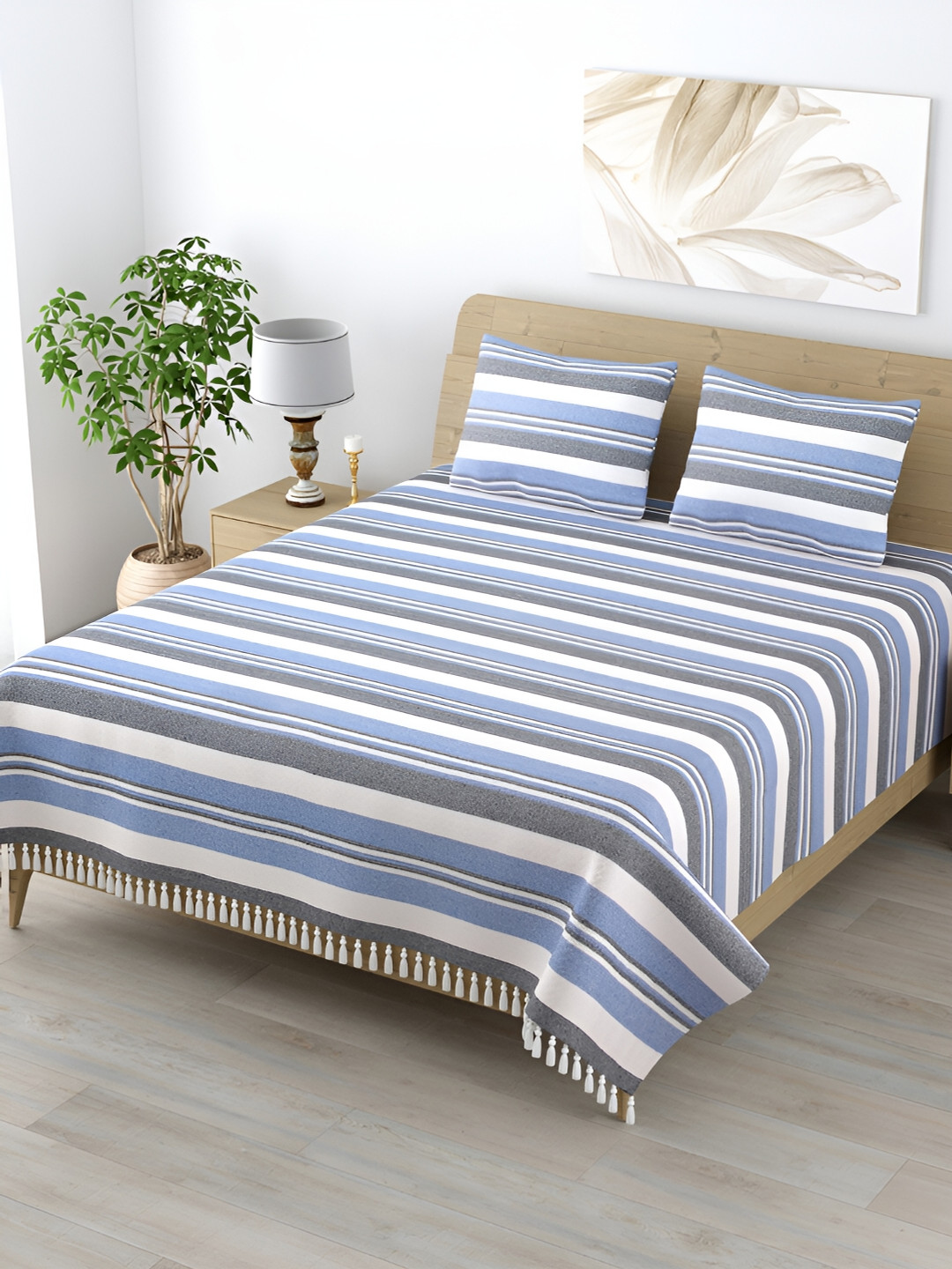 Homez Sparrow Kerala Blue Striped Cotton 210 TC King Bedsheet with 2 Pillow Covers-87 x 98 inches