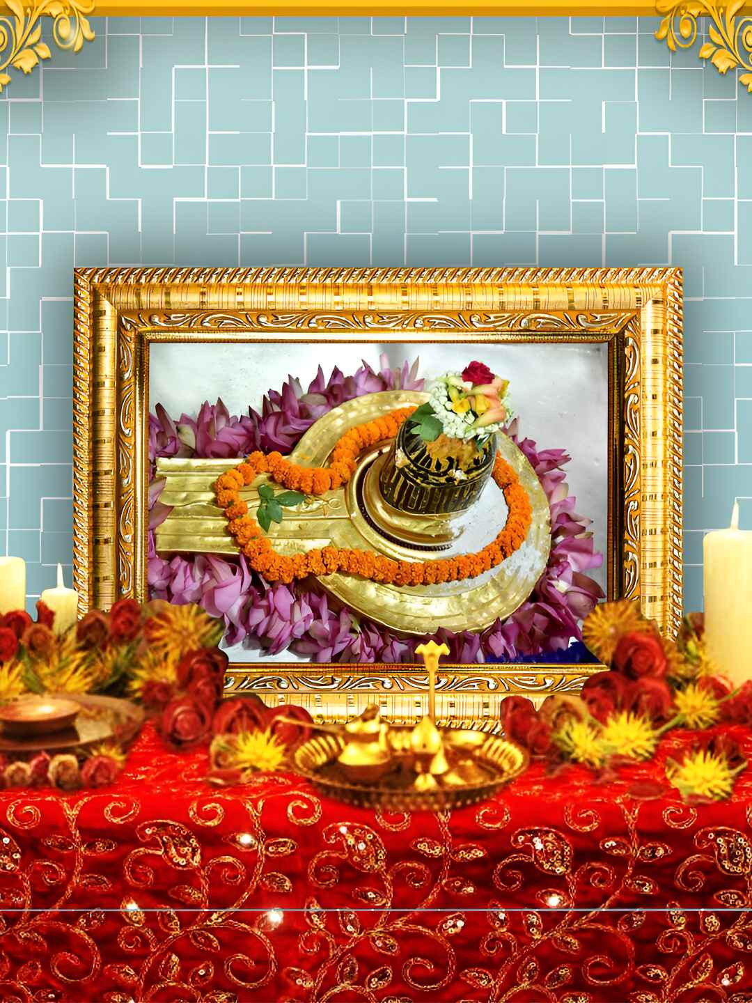 Hawai Gold-Toned & Orange Lord Kasi Vishwanath Shivaling Wooden Wall Photo Frame