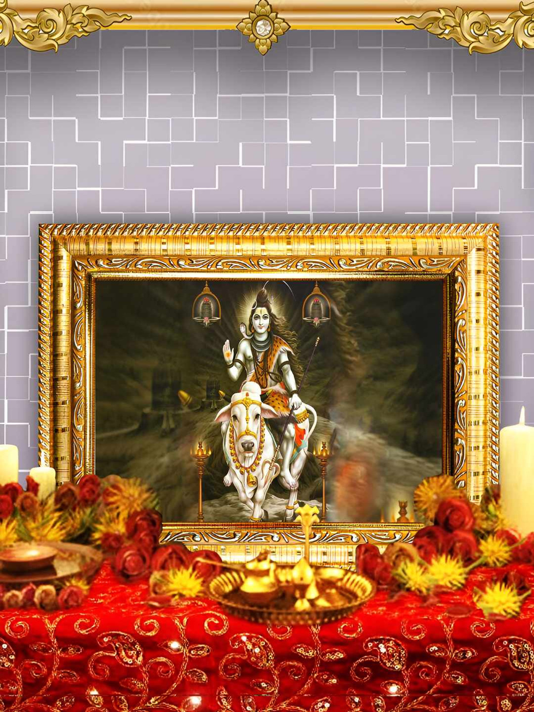 Hawai Gold Toned & White Lord Shiva Nandi Cow Rectangle Wooded Wall Photo Frame