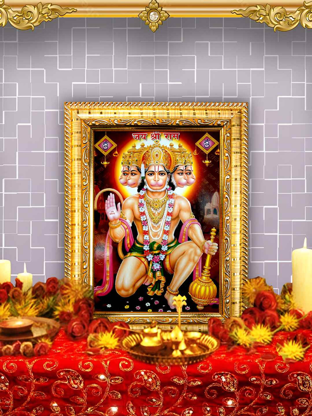 Hawai Gold-Toned & Green Panchmukhi Hanuman Rectangle Wooded Wall Photo Frame
