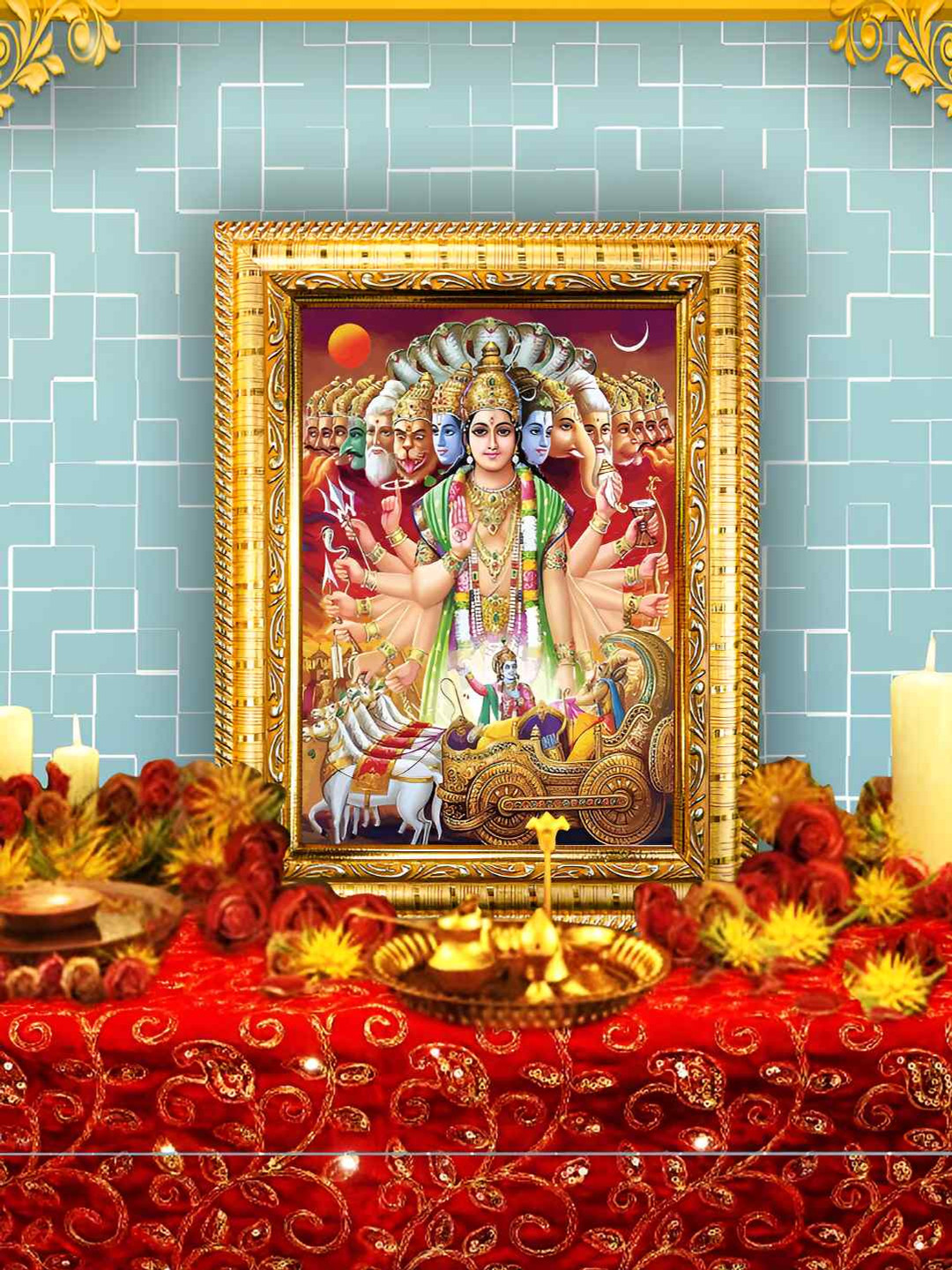 Hawai Gold-Toned & Blue Lord Krishna Virat Roop Wooden Wall Photo Frame