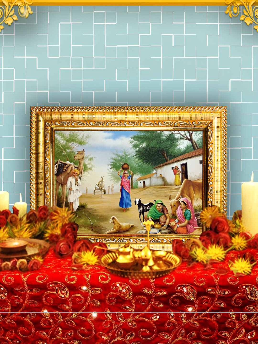 Hawai Gold-Toned & Green Village Scene Wooden Wall Photo Frame