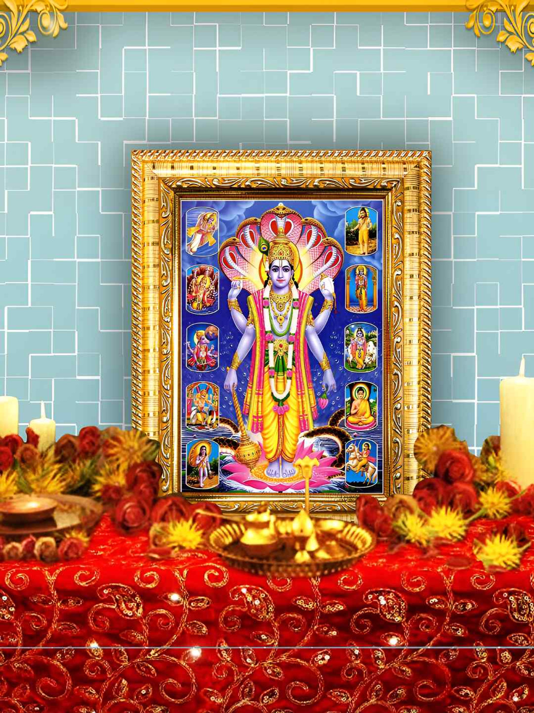 Hawai Gold-Toned & Blue Lord Vishnu 10 Avatar Wooden Wall Photo Frame