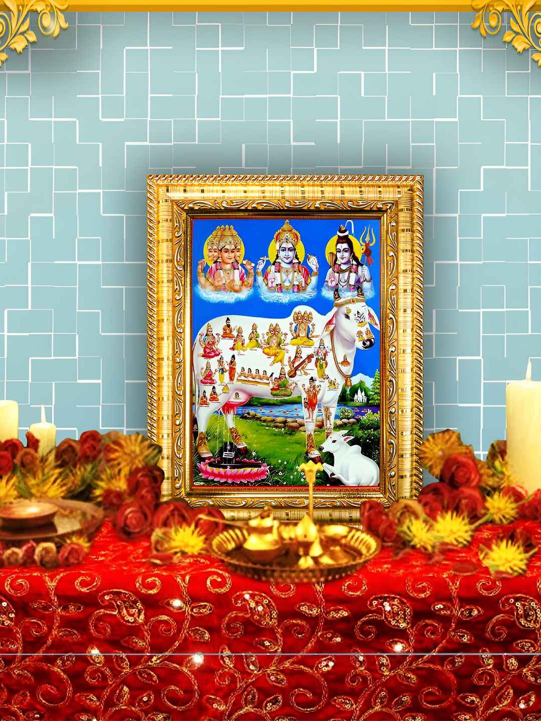 Hawai Gold-Toned & Blue Lord Brahma Vishnu Mahesh With Kamdhenu Wooden Wall Photo Frames