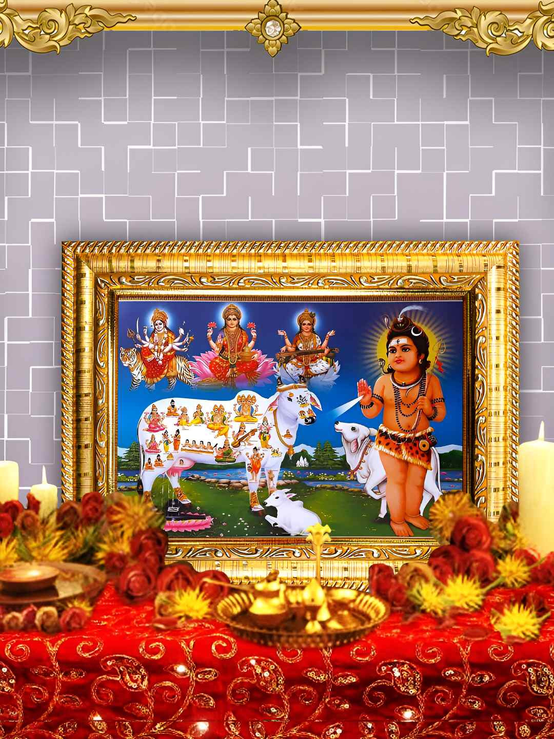 Hawai Gold-Toned & Blue Lord Shiva & Kamdhenu Cow Wooden Wall Photo Frame