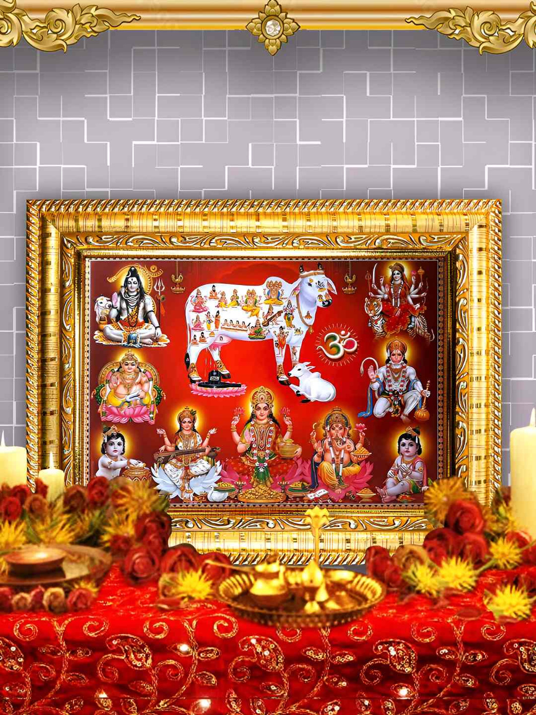 Hawai Gold-Toned & Red Kamdhenu Cow & Hindu Gods Wooden Wall Photo Frame