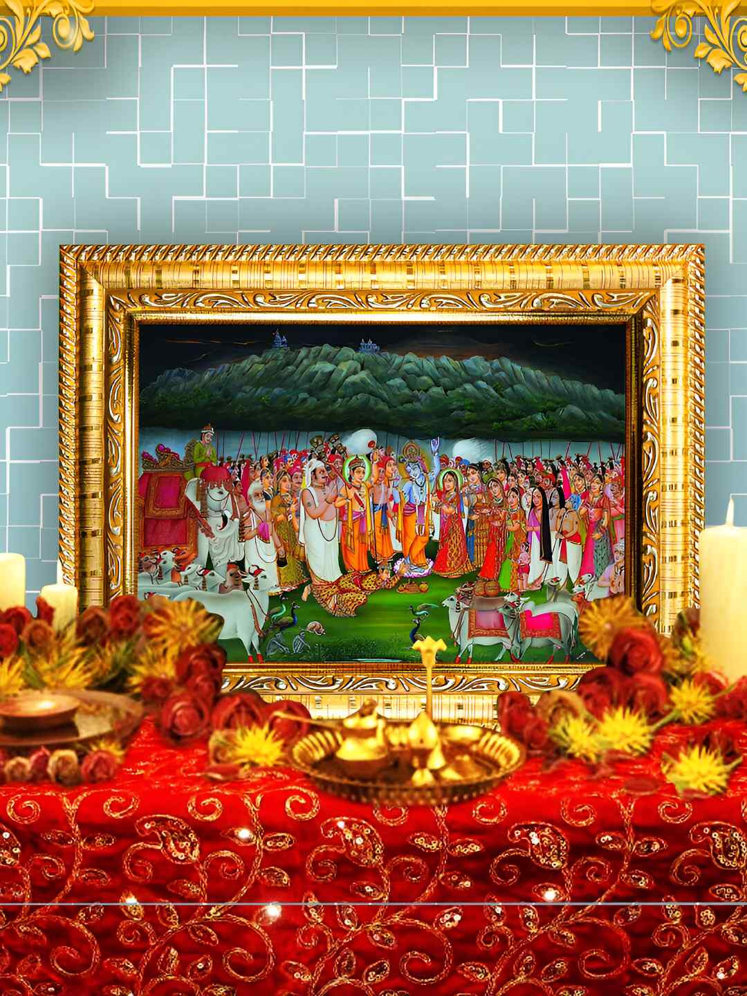 Hawai Gold-Toned & Red Lord Krishna with Govardan Parvat Wooden Wall Photo Frame