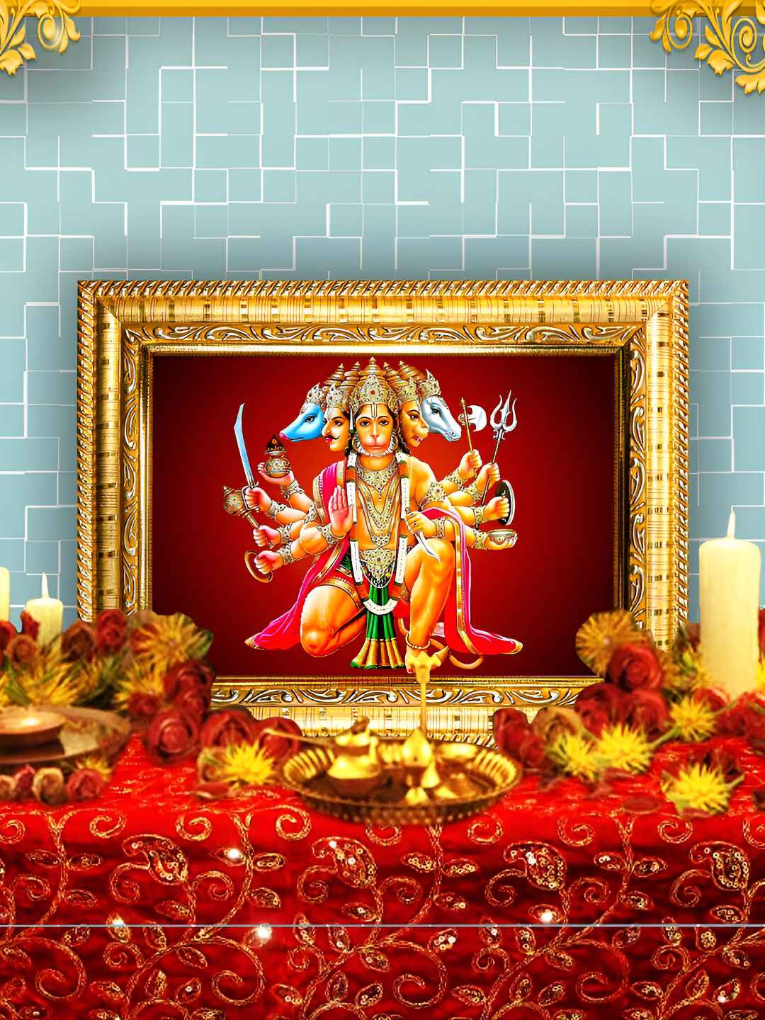 Hawai Gold-Toned & Red Panch Mukhi Hanuman Wooden Wall Photo Frame