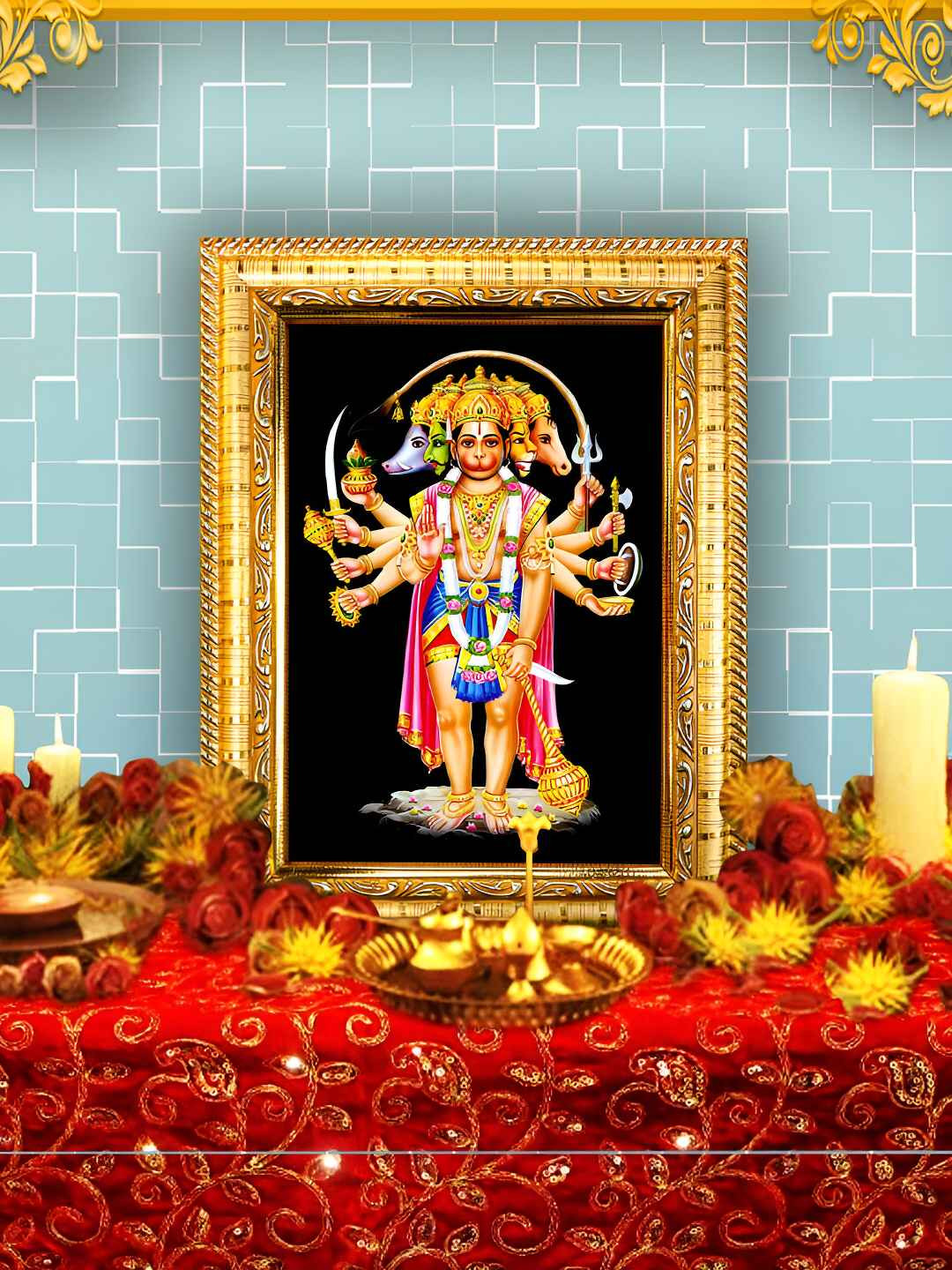 Hawai Gold-Toned & Black Panchmukhi Hanuman Rectangle Wooded Wall Photo Frame