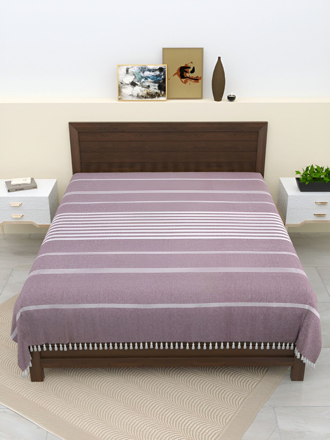 Homez Sparrow All Seasons Lavender Striped Cotton 210 TC King Fine Bedsheet -89 x 98 inches