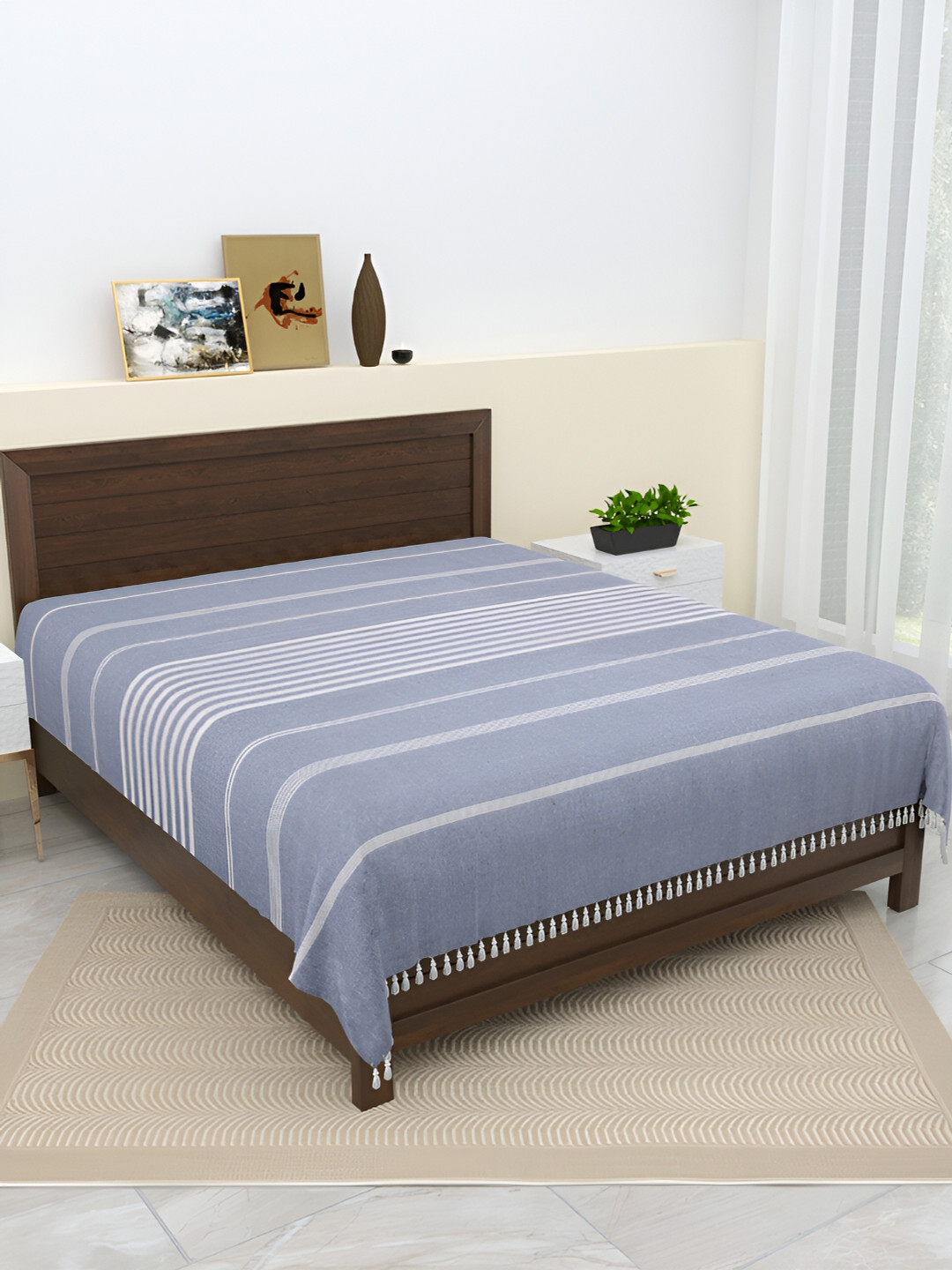 Homez Sparrow All Seasons Blue Striped Pure Cotton 210 TC King Fine Bedsheet -59 x 87 inches
