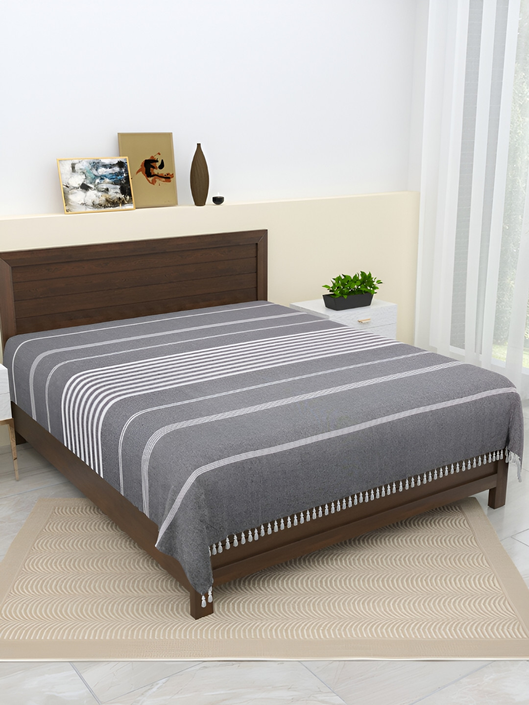 Homez Sparrow Grey Striped Cotton 210 TC King Fine Bedsheet -250 x 220 cm