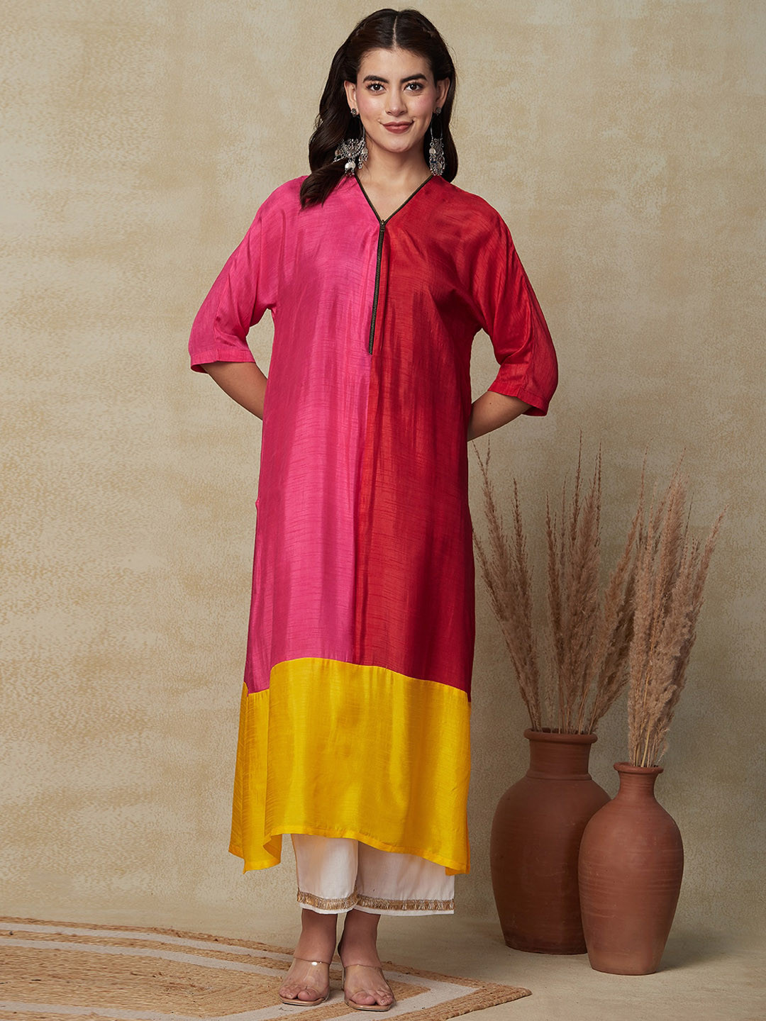 FASHOR Colourblocked V-Neck A-Line Kurta with Palazzos