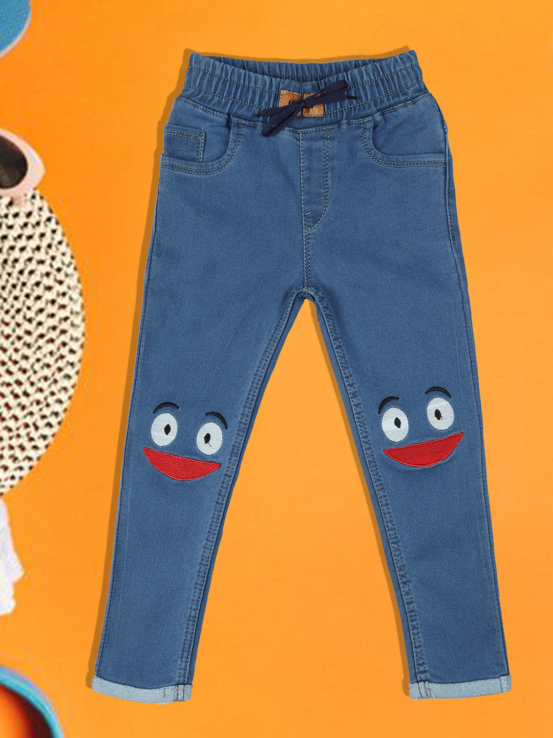 A-Okay Girls Slim Fit High-Rise Printed Travel Features Denim & Cotton Trousers