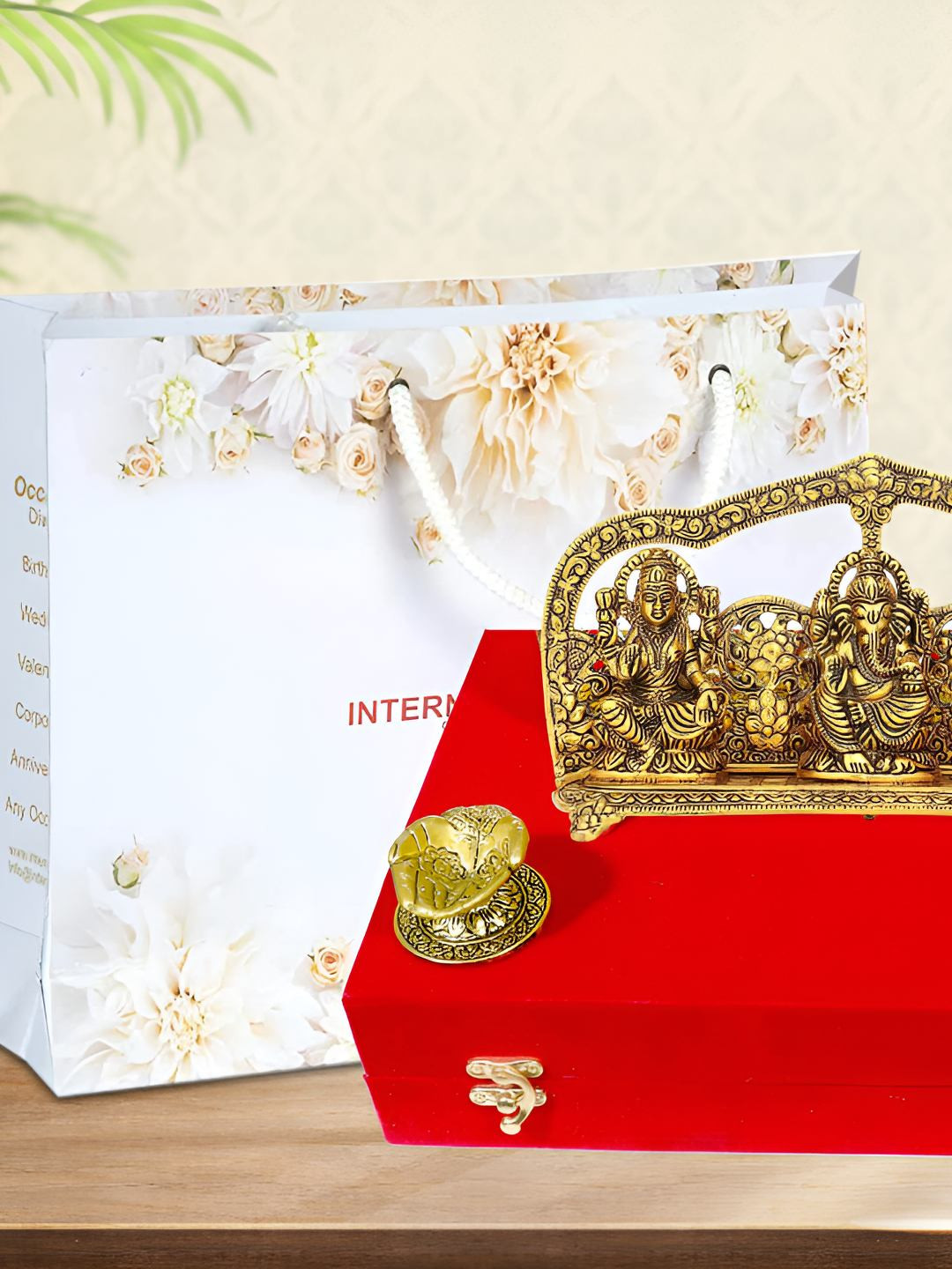 INTERNATIONAL GIFT Golden Laxmi Ganesh Saraswati God Idol Statue With Hand Diya Gift Set