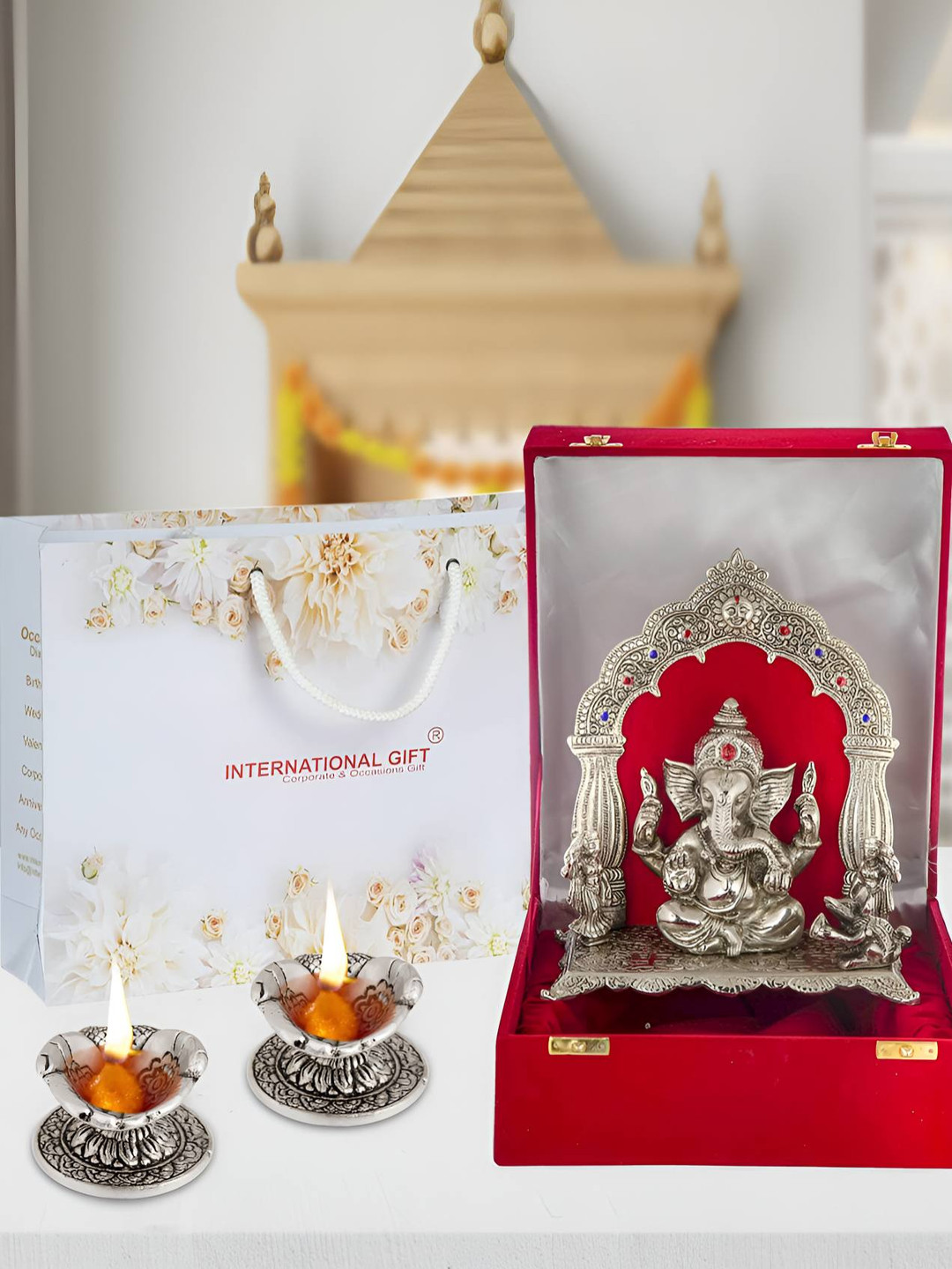International Gift Silver Toned Ganesh Idol With Diya Home Gift Set