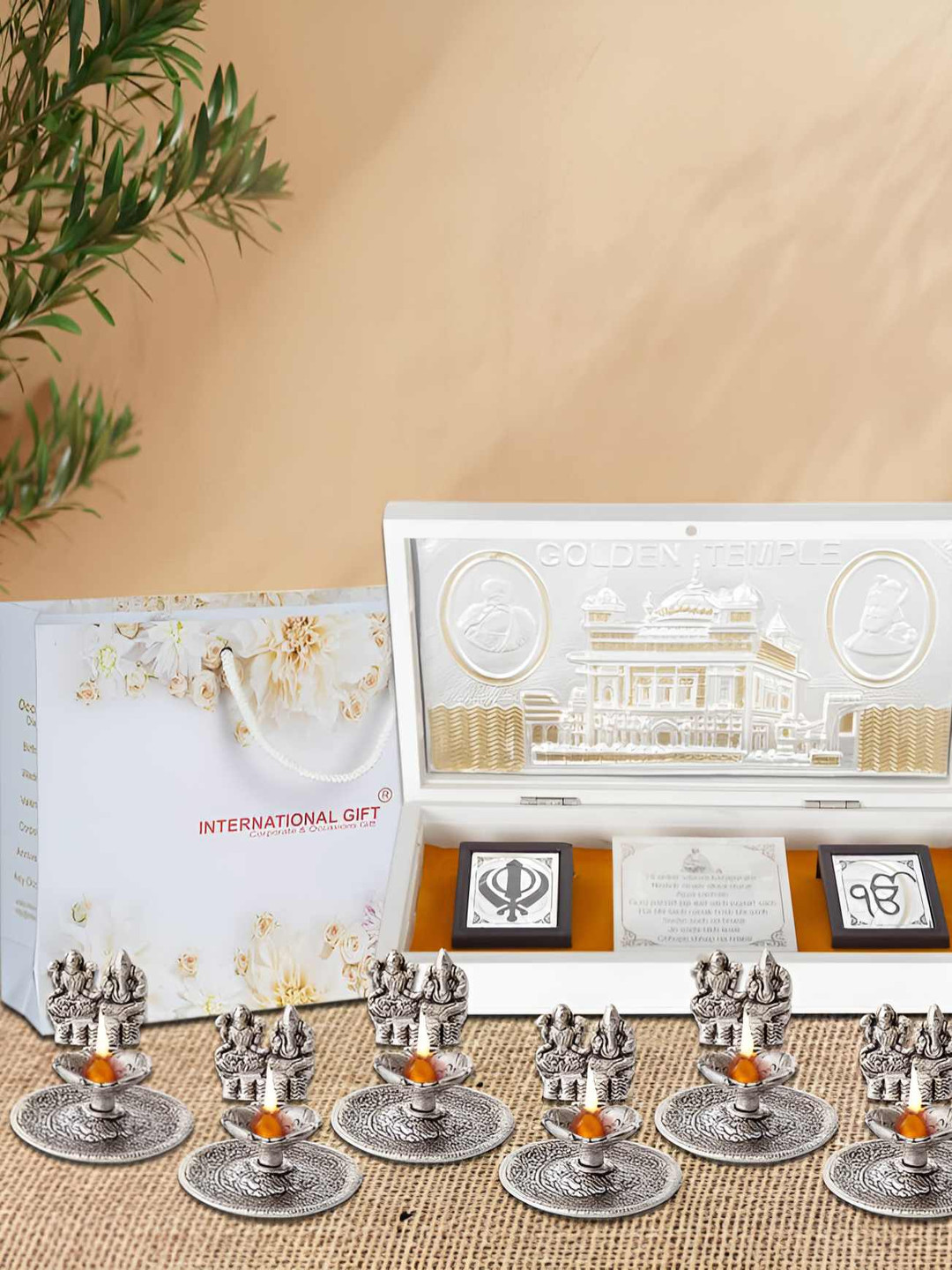 INTERNATIONAL GIFT Silver Coated Metal Temple God Idol With Massage Paduka Home Gift Sets