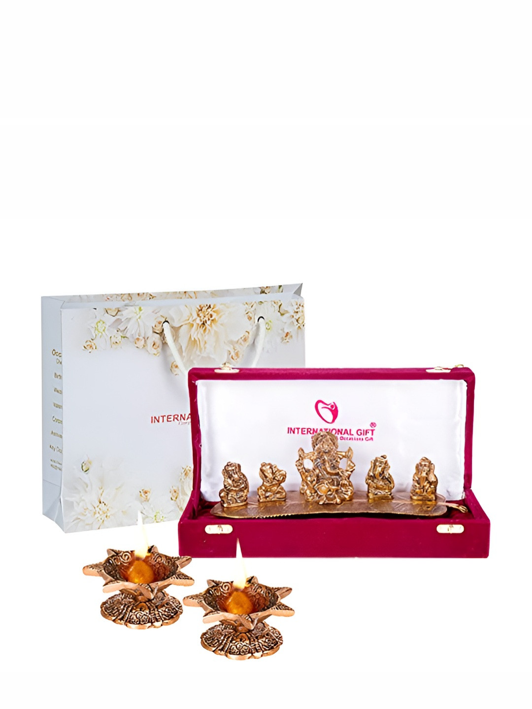 INTERNATIONAL GIFT Musical Ganesh God Gold Metal Metallic Prayer Room Set of 3 Small Showpieces - 3.1 Inches