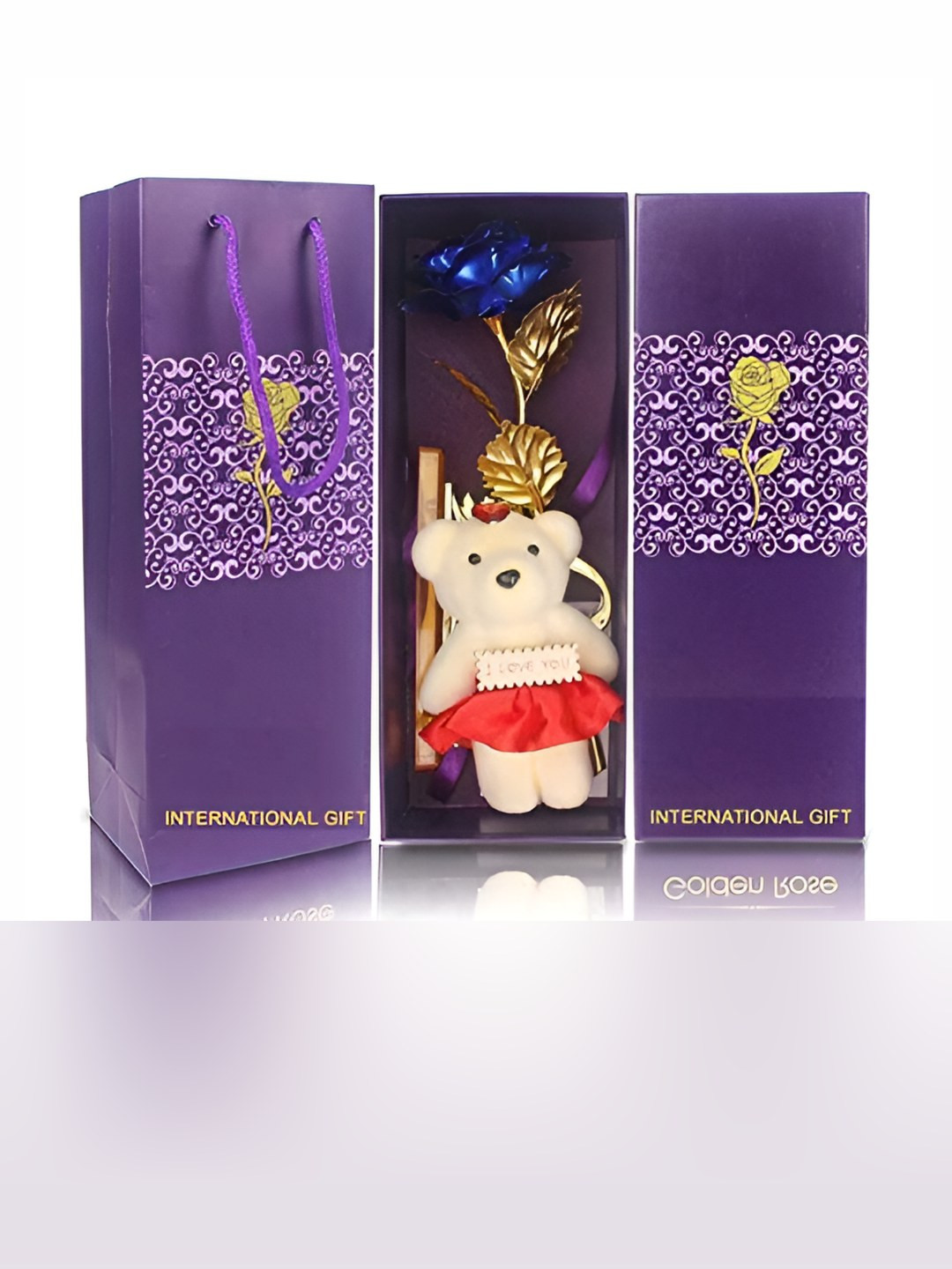INTERNATIONAL GIFT Blue & Gold Toned Rose Flower With Teddy
