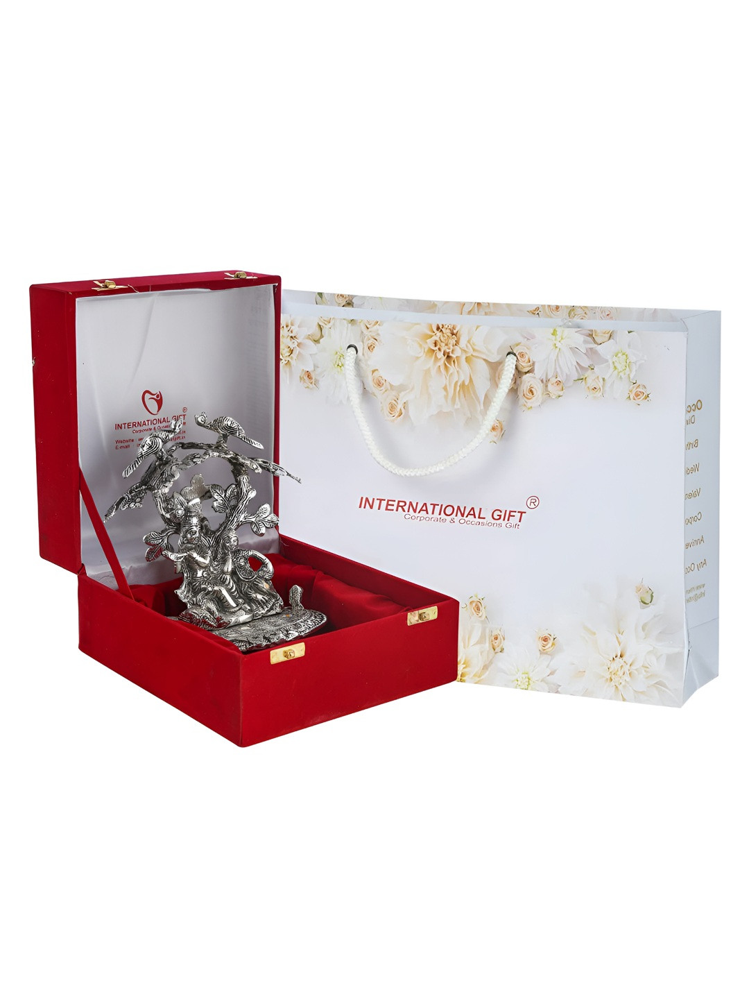 INTERNATIONAL GIFT Silver Toned Radha Krishna Tree Idol Home Gift Set