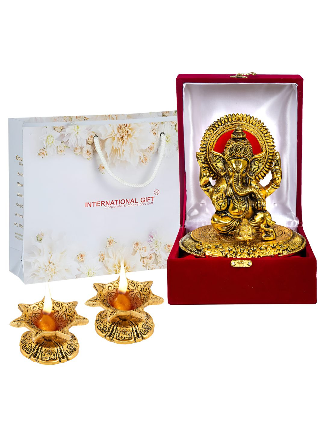 INTERNATIONAL GIFT Gold Toned Ganesh Idol With Diya Set Home Gift Set