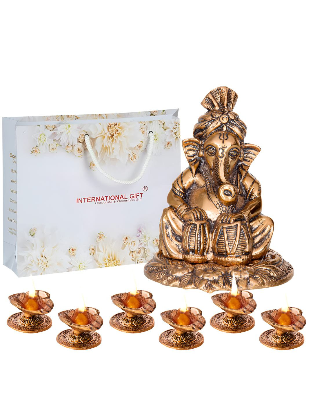 INTERNATIONAL GIFT 7 Pcs Brown Ganesh Statue With Diyas Gift Set