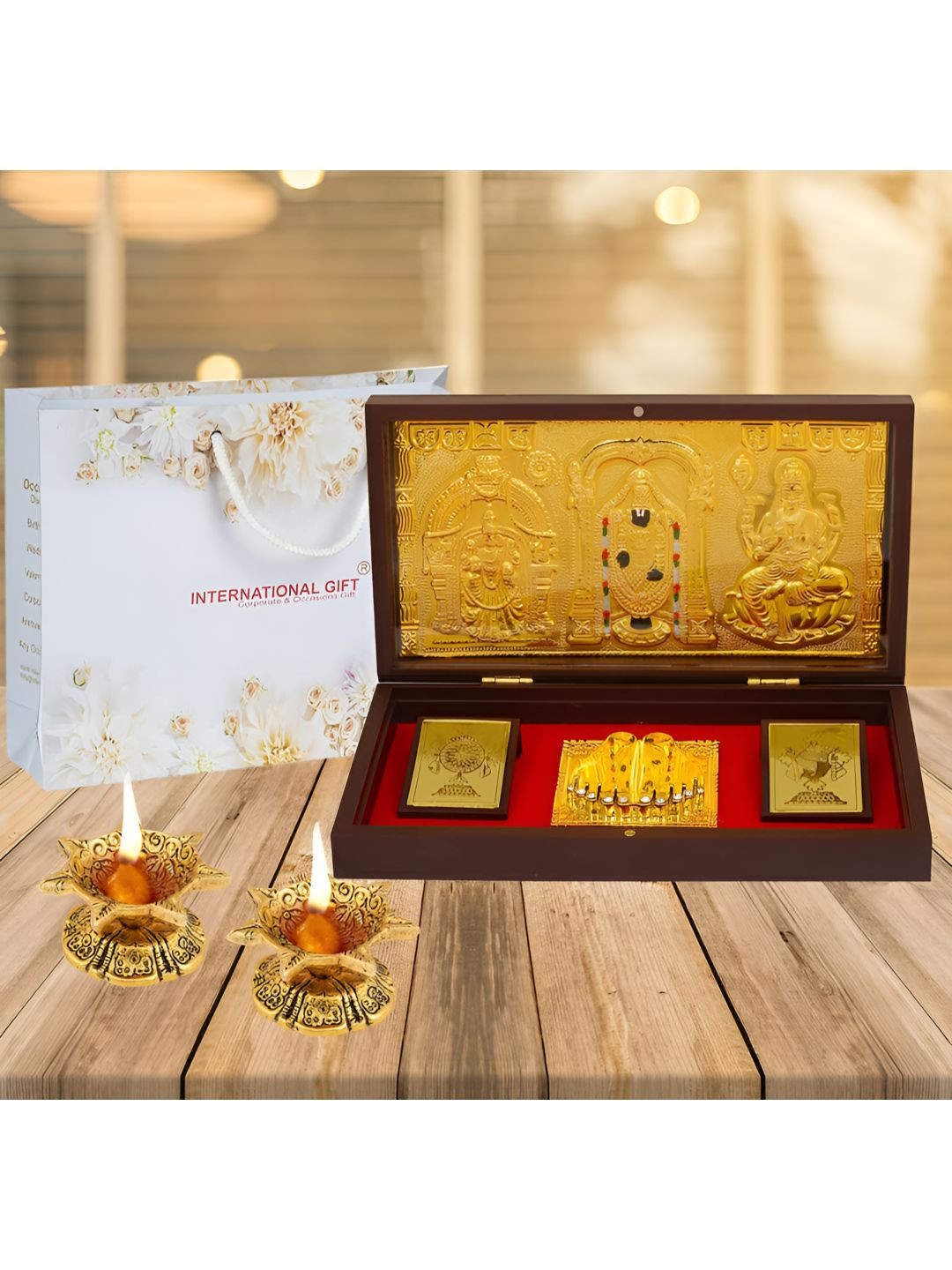 INTERNATIONAL GIFT Gold Toned Balaji God Idol With Charan Paduka Home Gift Set