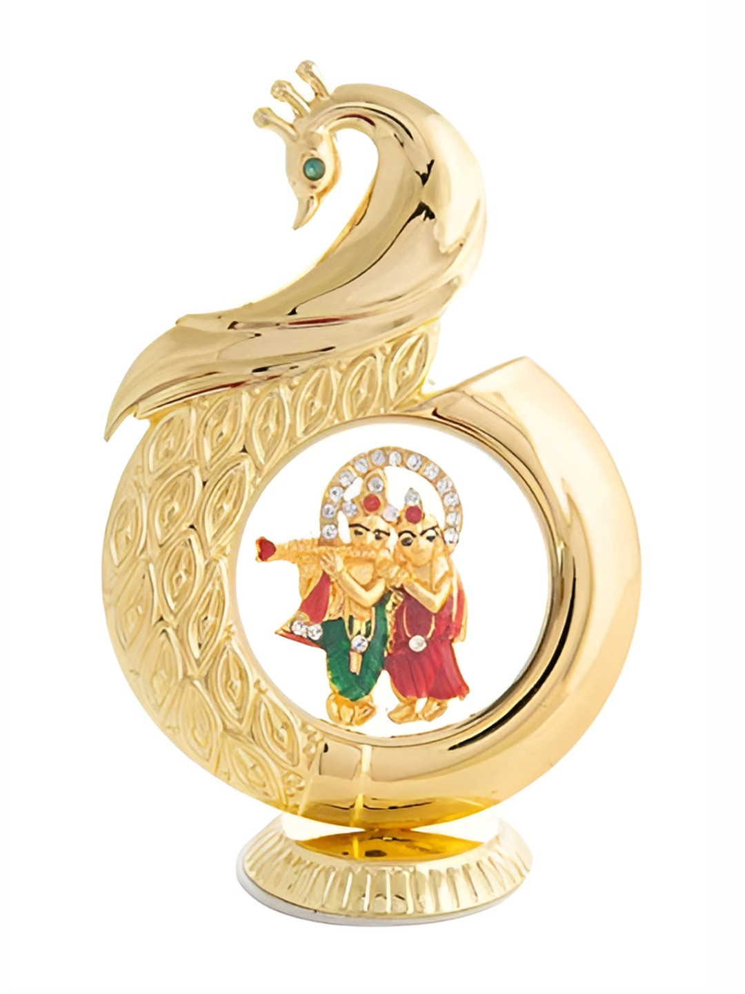 INTERNATIONAL GIFT Peacock Shape Radha Krishna Gold Brass Metallic Prayer Room Small Showpiece - 4.7 Inches