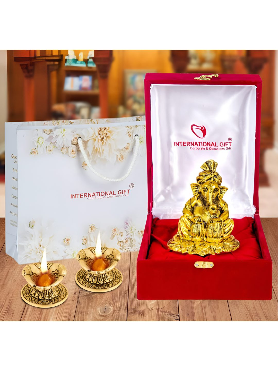 INTERNATIONAL GIFT Gold Toned Table Ganesh Idol With Hand Diya Home Gift Set