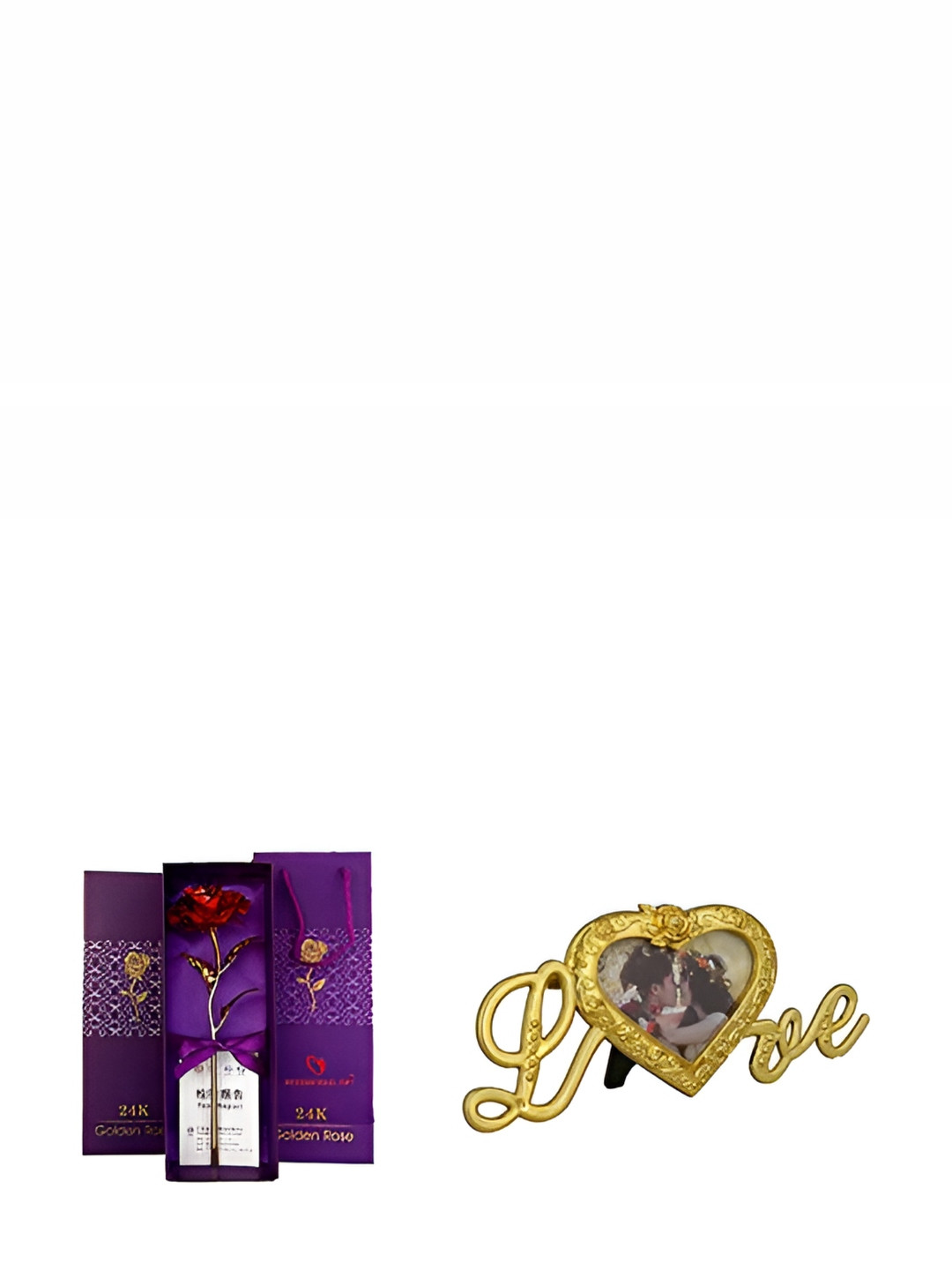 INTERNATIONAL GIFT Red & Golden Textured Rose Flower With Photo Frame Gift Set