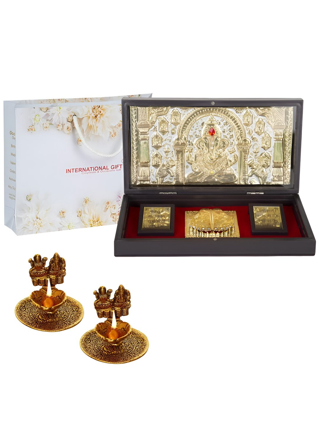 INTERNATIONAL GIFT Gold-Plated Ganesh God Idol With Charan Paduka & Diyas Home Gift Set