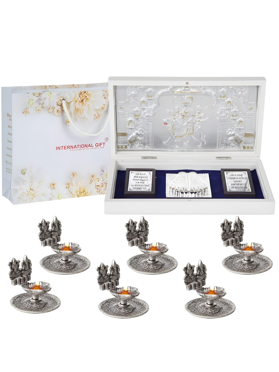 INTERNATIONAL GIFT Silver Toned & White Textured Laxmi Ganesh God Idol With Diya