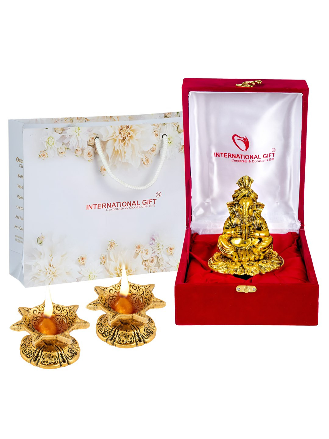 INTERNATIONAL GIFT Gold Toned Ganesh Idol With Cymbal With Diya Set With Box Home Gift Set