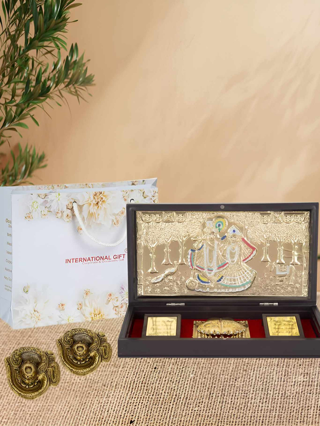 INTERNATIONAL GIFT  Radha Krishna God Idol With Charan Paduka With Om Diya