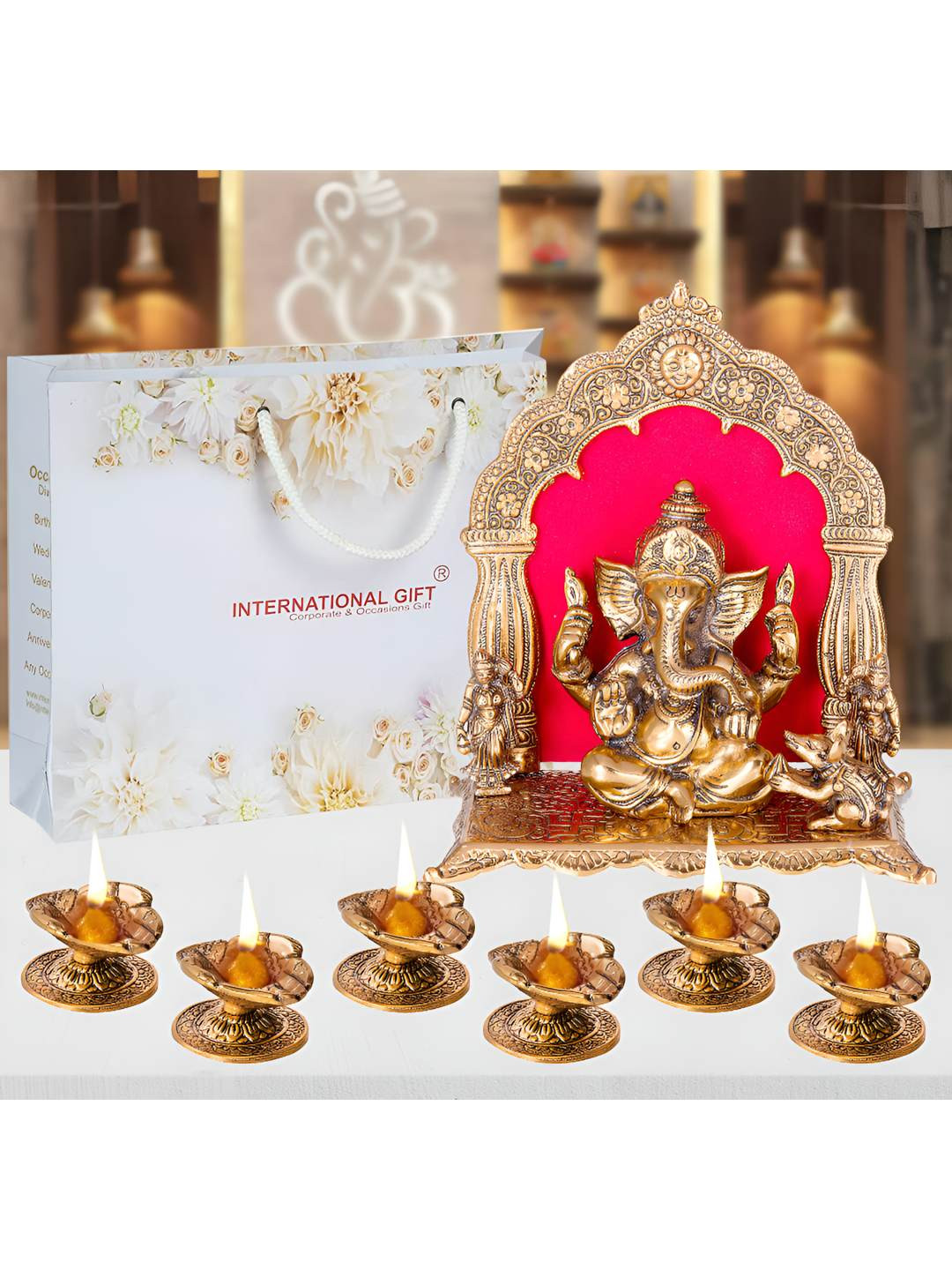 INTERNATIONAL GIFT Brown Brass Ganesh God Idol With 6 Pieces Diyas Home Gift Set