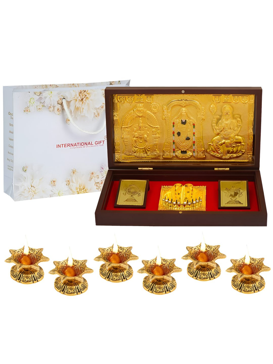 INTERNATIONAL GIFT Gold Balaji God Idol & 6 Pieces Diyas Home Gift Set