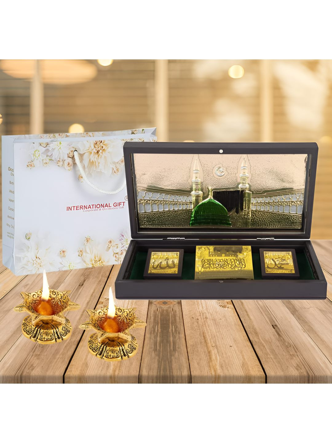 INTERNATIONAL GIFT 24 KT Gold-Plated Allah Idol With Message Bottle & Diya Home Gift Set