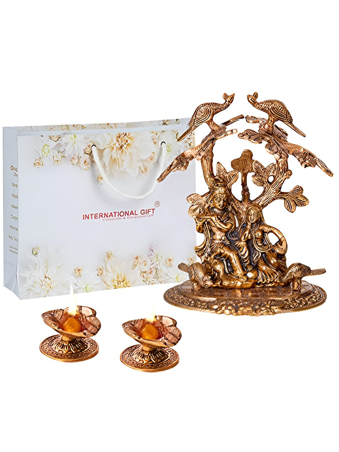 INTERNATIONAL GIFT Brown Radha Krishna Tree Statue With Diya Set