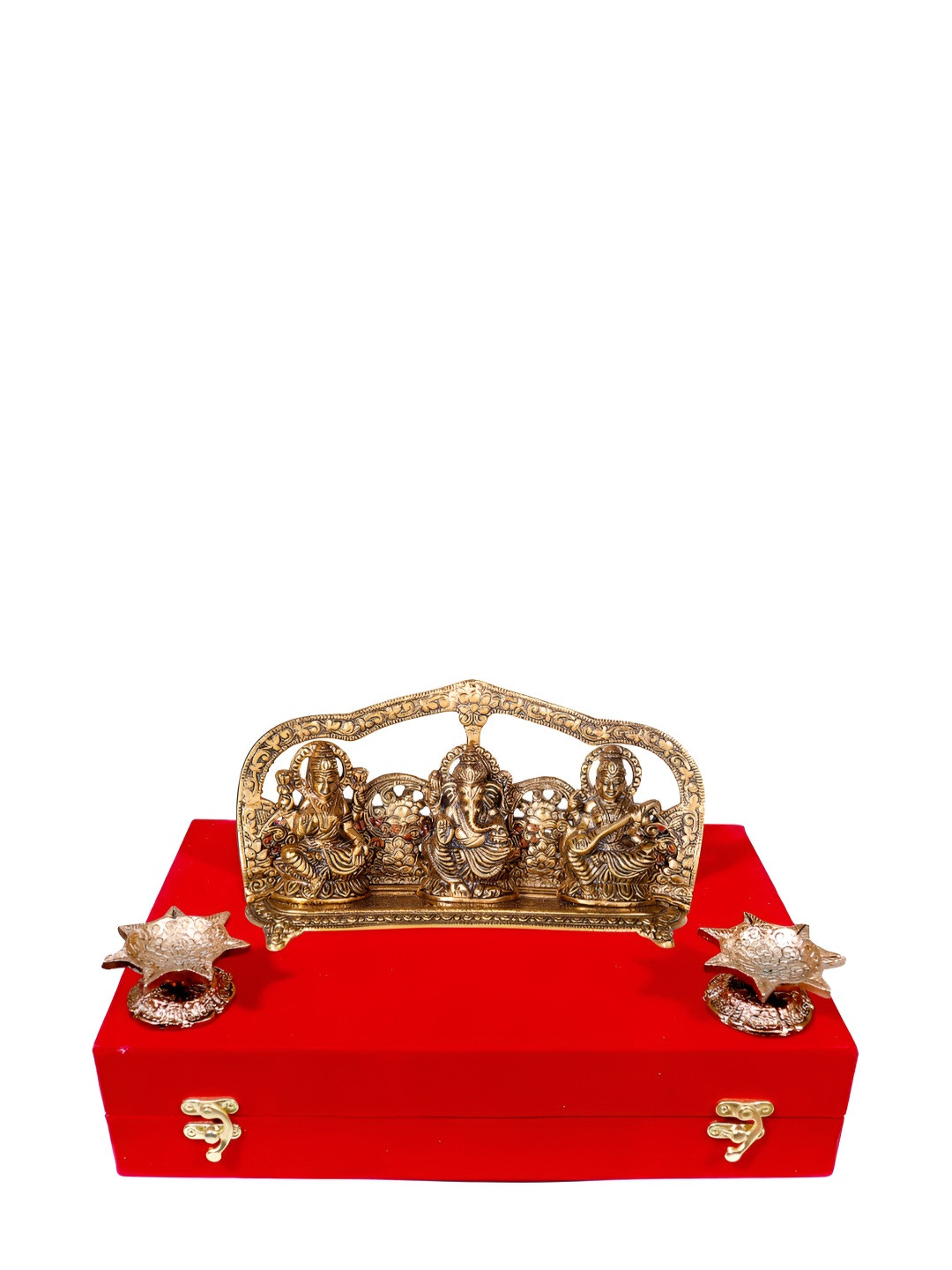 INTERNATIONAL GIFT Gold Toned Laxmi Ganesh Sarswati God Idol With Diya Home Gifts Set
